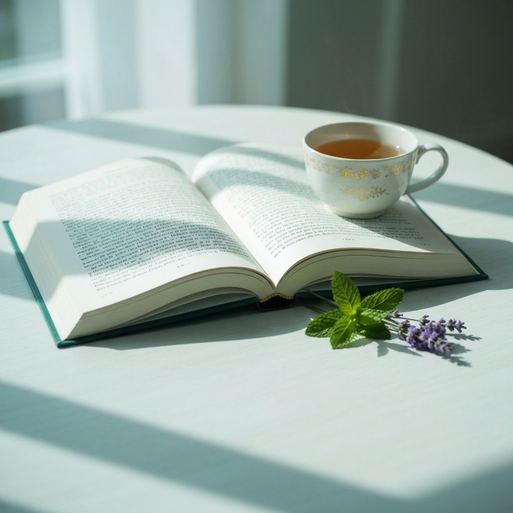 Open book beside herbal tea and fresh herbs on a wooden table in soft natural light