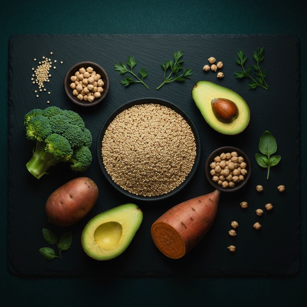 Cinematic overhead arrangement of diverse whole foods including quinoa, avocado, broccoli, sweet potato and chickpeas on dark slate