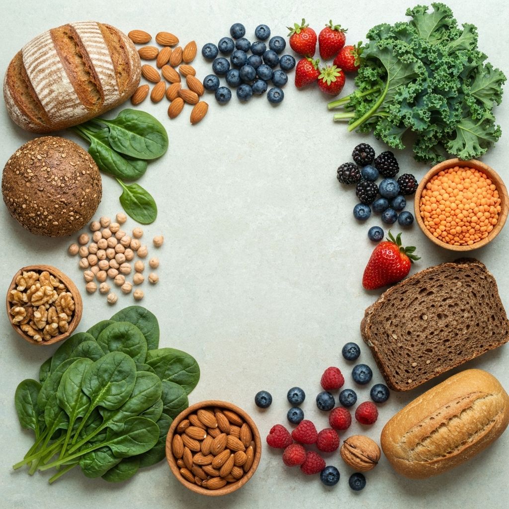 Artistic flat lay of colorful whole food groups including leafy greens, whole grain bread, legumes, berries and nuts
