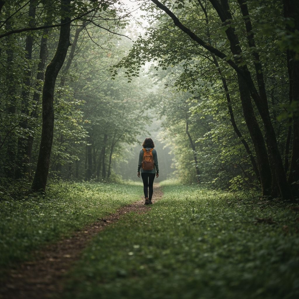 Serene nature scene with a person walking on a lush green trail surrounded by trees in morning light